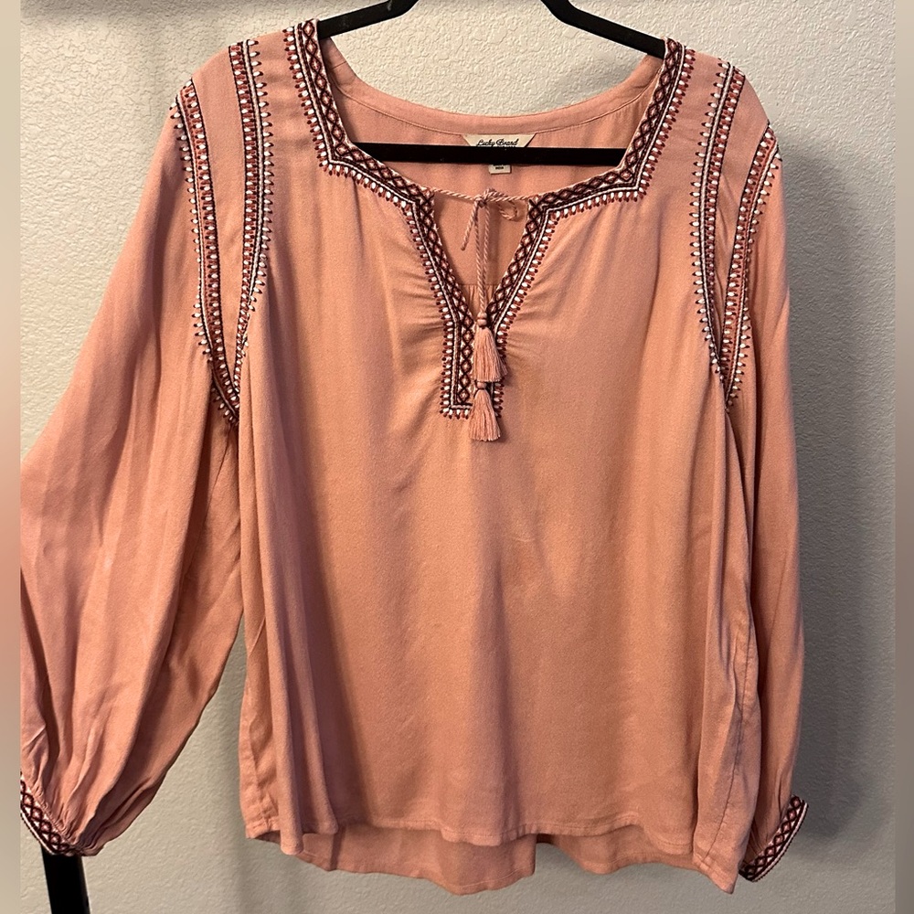 Lucky Brand boho peasant blouse with tie neck size large
